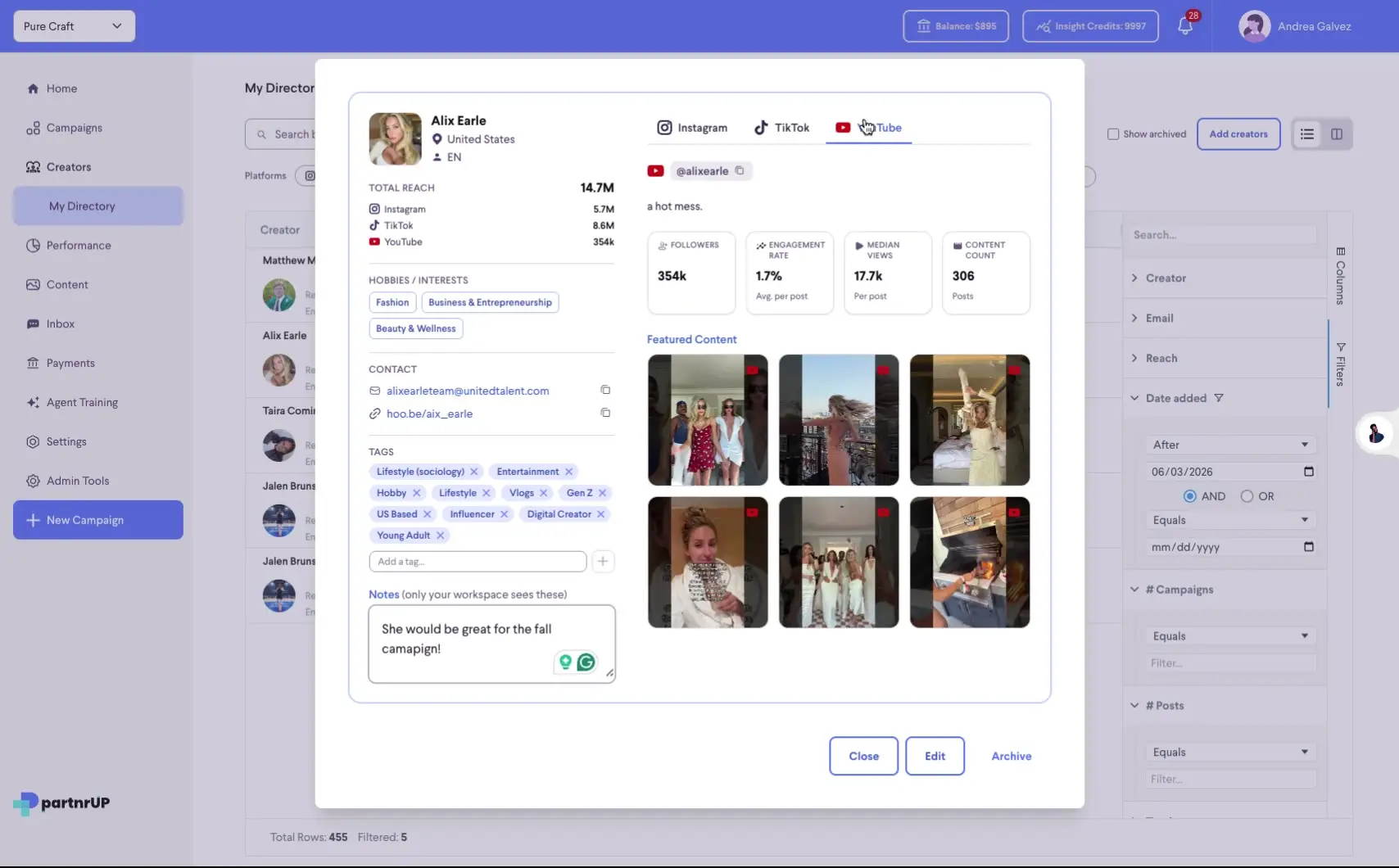 The screenshot shows a creator's profile within the partnrUP platform. It displays the creator's name, location, total reach across platforms, hobbies, contact information, and tags. The profile also features their content and a notes section where a user has added a comment about the creator being suitable for a fall campaign.