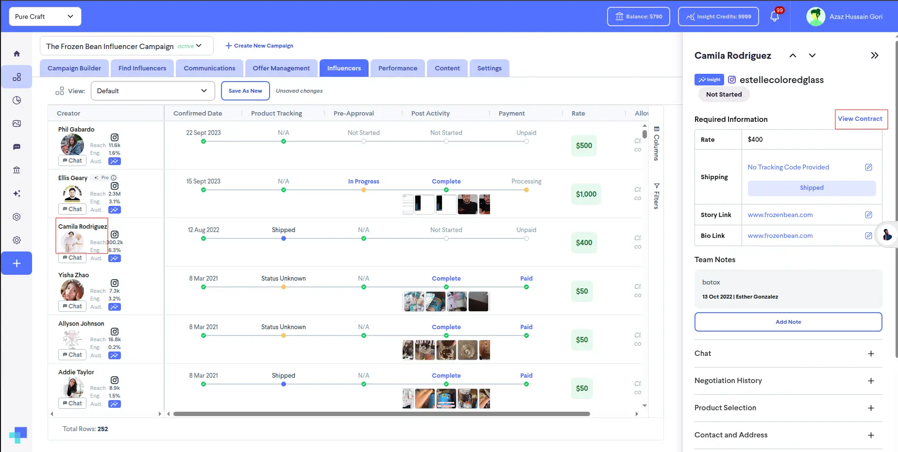Influencers tab in The Frozen Bean Influencer Campaign on partnrUP for Brands platform.