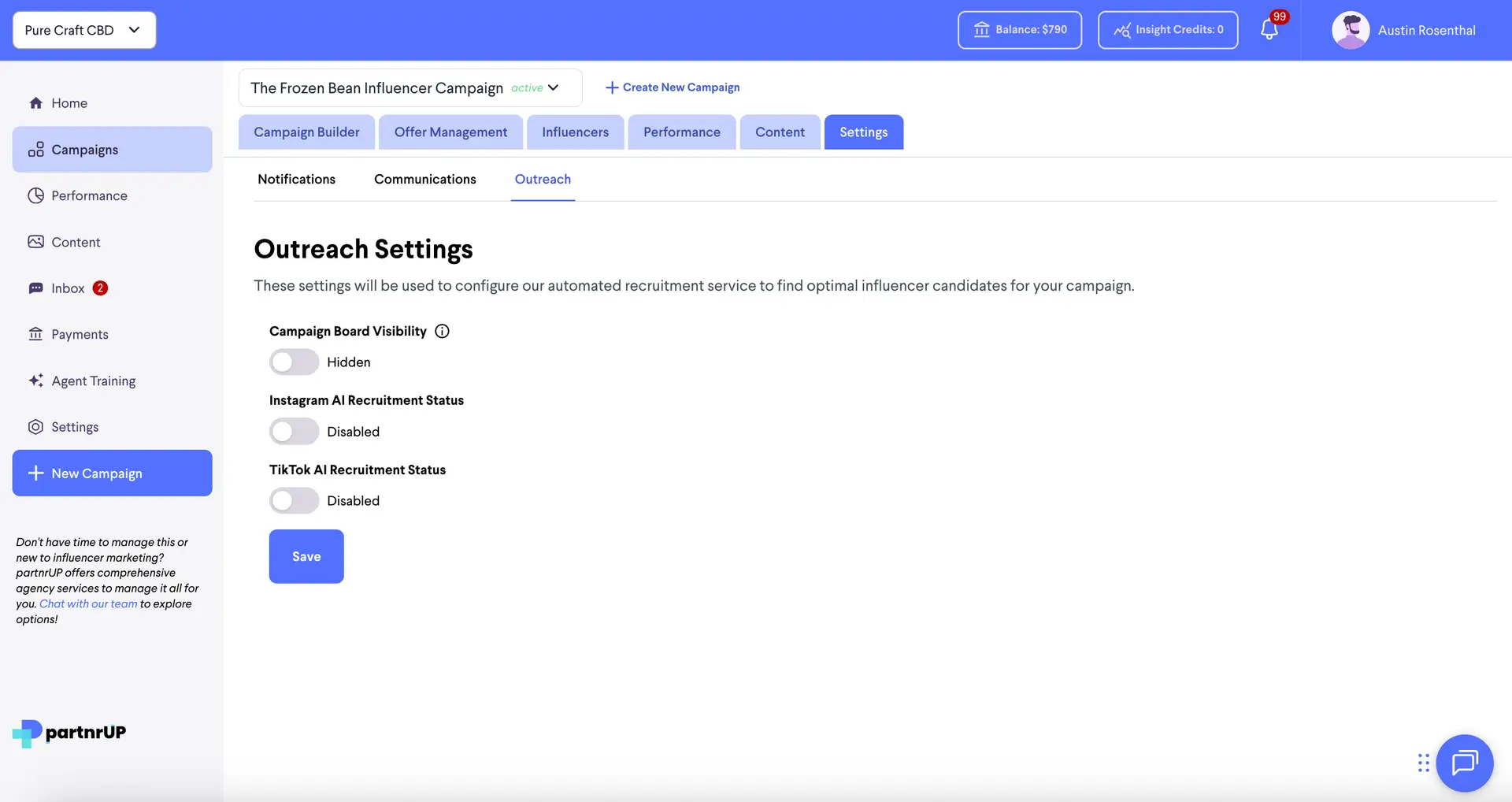 partnrUP for Brands - The Frozen Bean Influencer Campaign - Outreach Settings