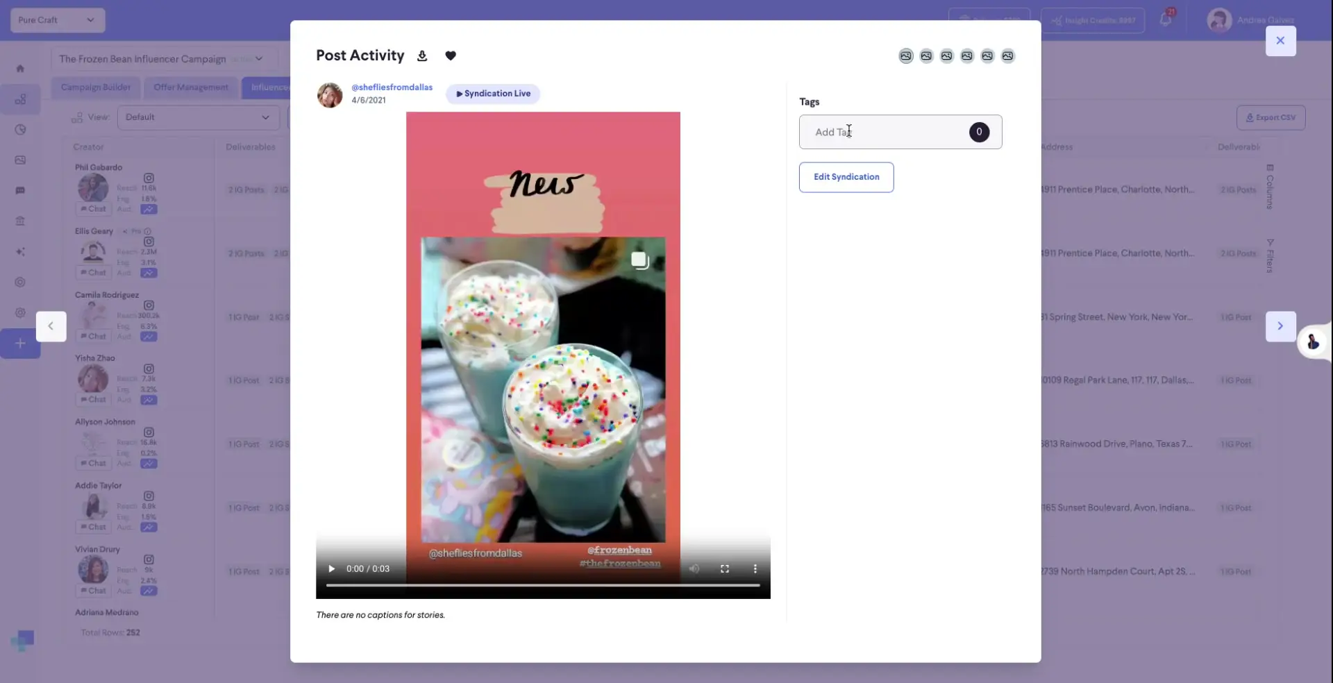 The screenshot shows a post activity screen within the partnrUP platform. It displays a video post from an influencer, along with options to add tags and edit syndication.