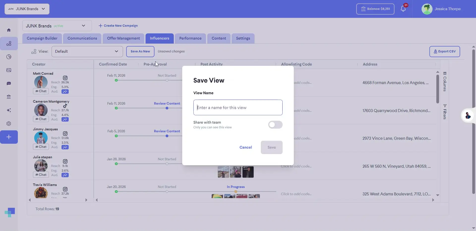 The user is saving a view in the Influencers section of the platform. A modal is open, prompting the user to enter a name for the view and choose whether to share it with the team.