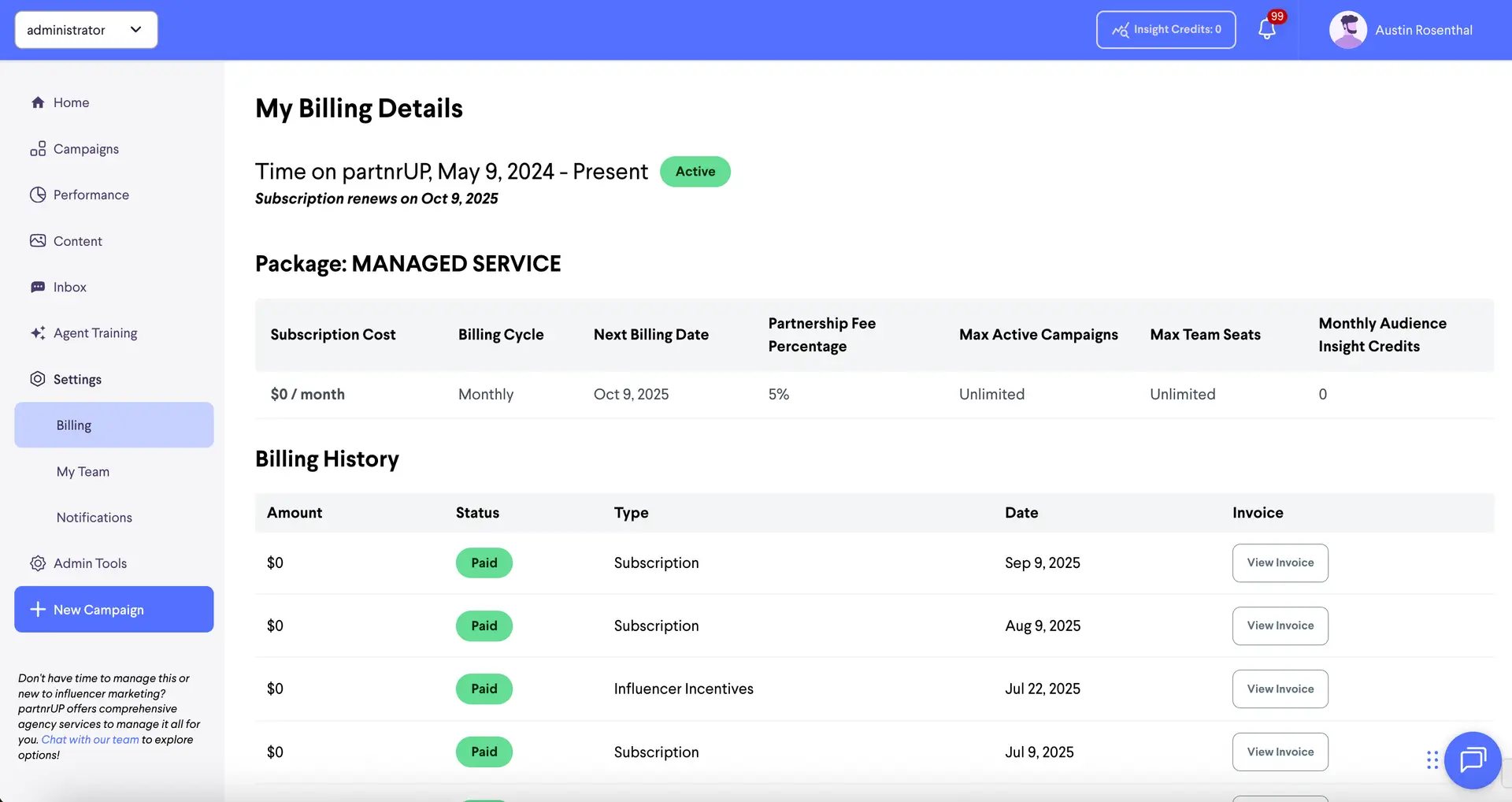partnrUP for Brands - My Billing Details page showing subscription and billing history