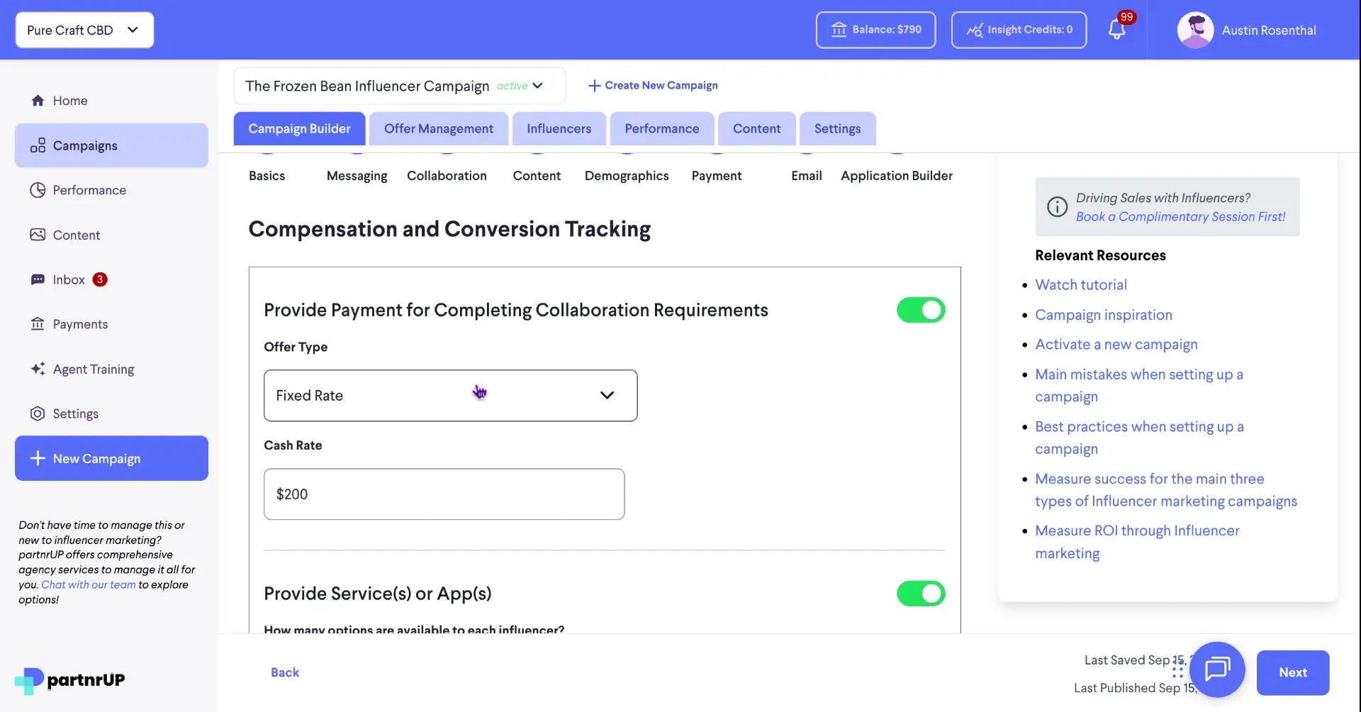 The screenshot displays the 'Compensation and Conversion Tracking' section within the partnrUP platform, specifically focusing on setting up payment details for influencer collaborations, including offer type and cash rate.