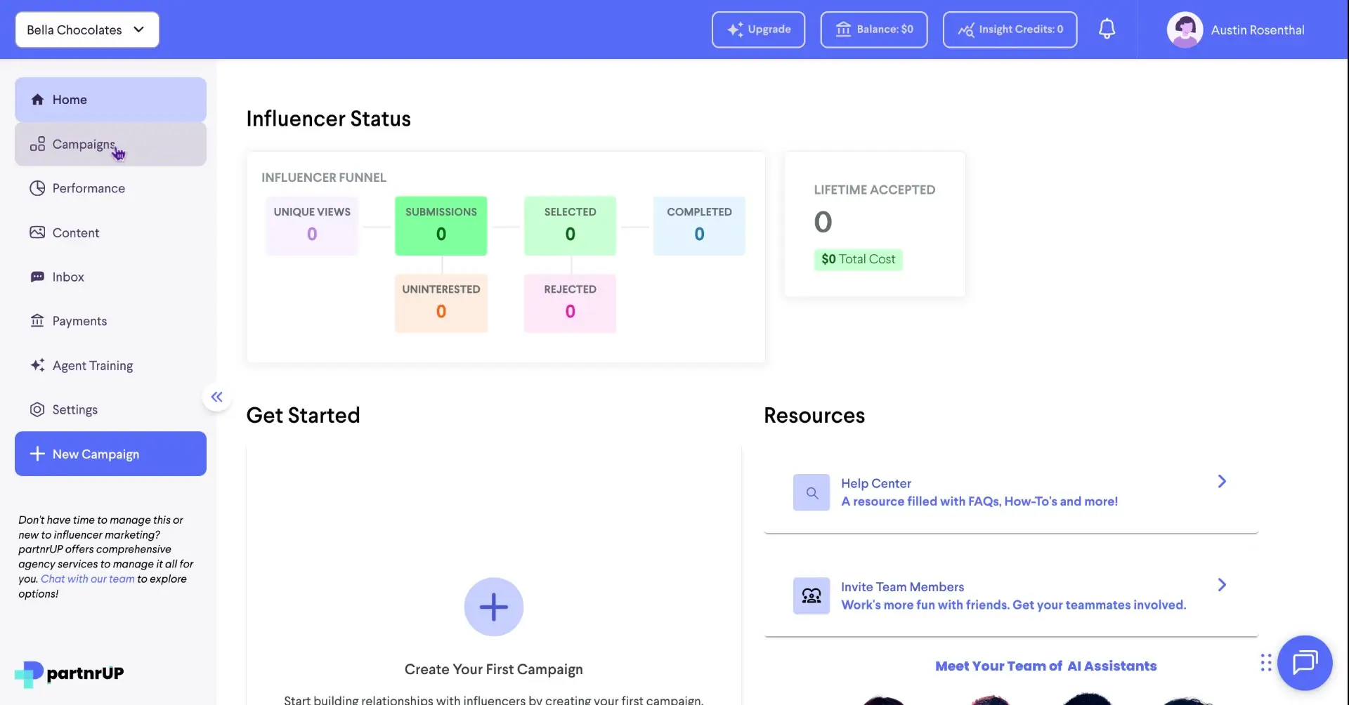 The screenshot displays the 'Campaigns' section of the partnrUP platform, showing the Influencer Status with an influencer funnel and lifetime accepted metrics, along with resources and a call to create a first campaign.