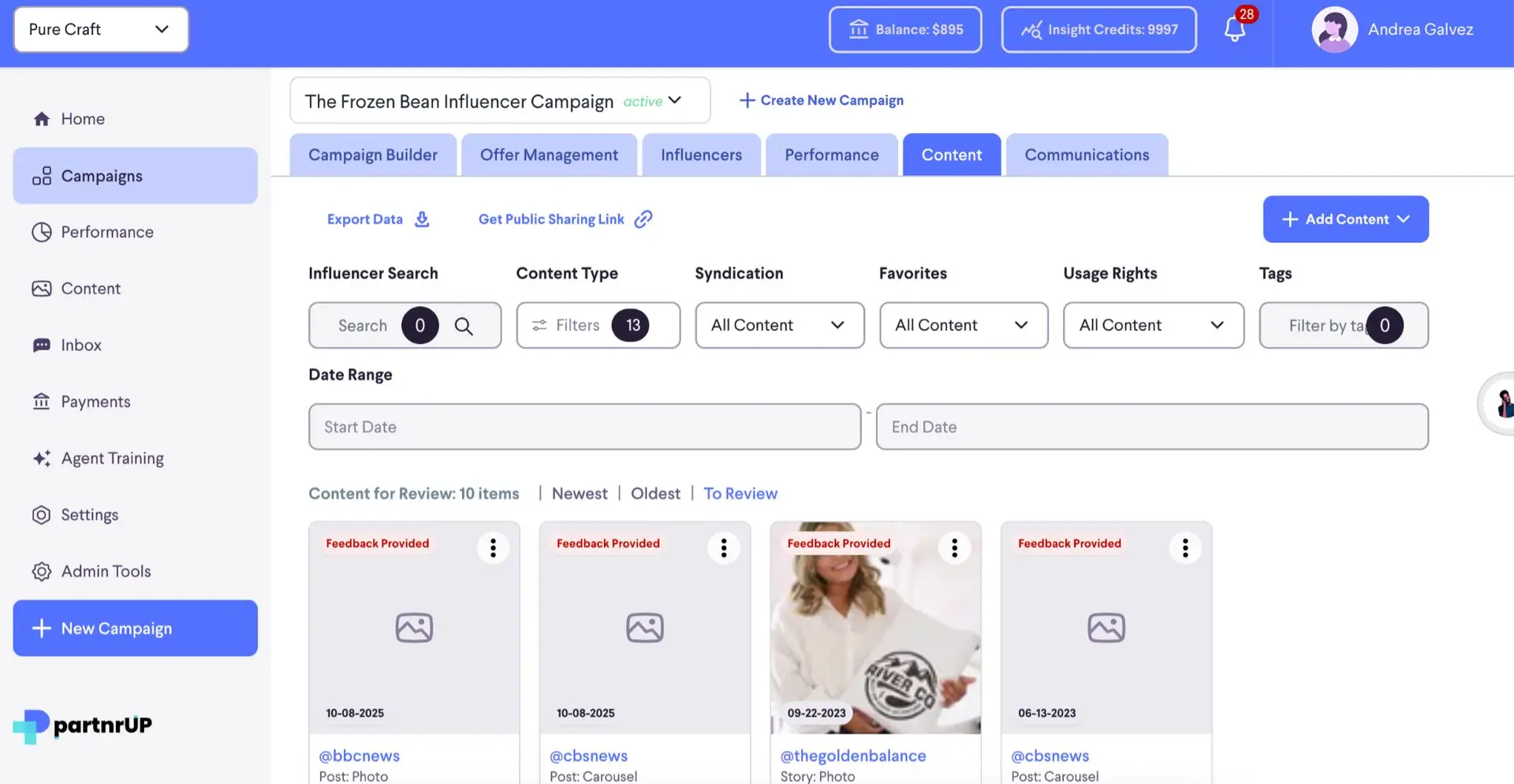 The screenshot displays the "Content" tab of an influencer marketing campaign named "The Frozen Bean Influencer Campaign." It shows a list of content items submitted by influencers, with options to filter by content type, syndication, favorites, usage rights, and tags. The content is organized into sections like "Content for Review," "Newest," "Oldest," and "To Review," with individual items displaying feedback status, date, and creator information.