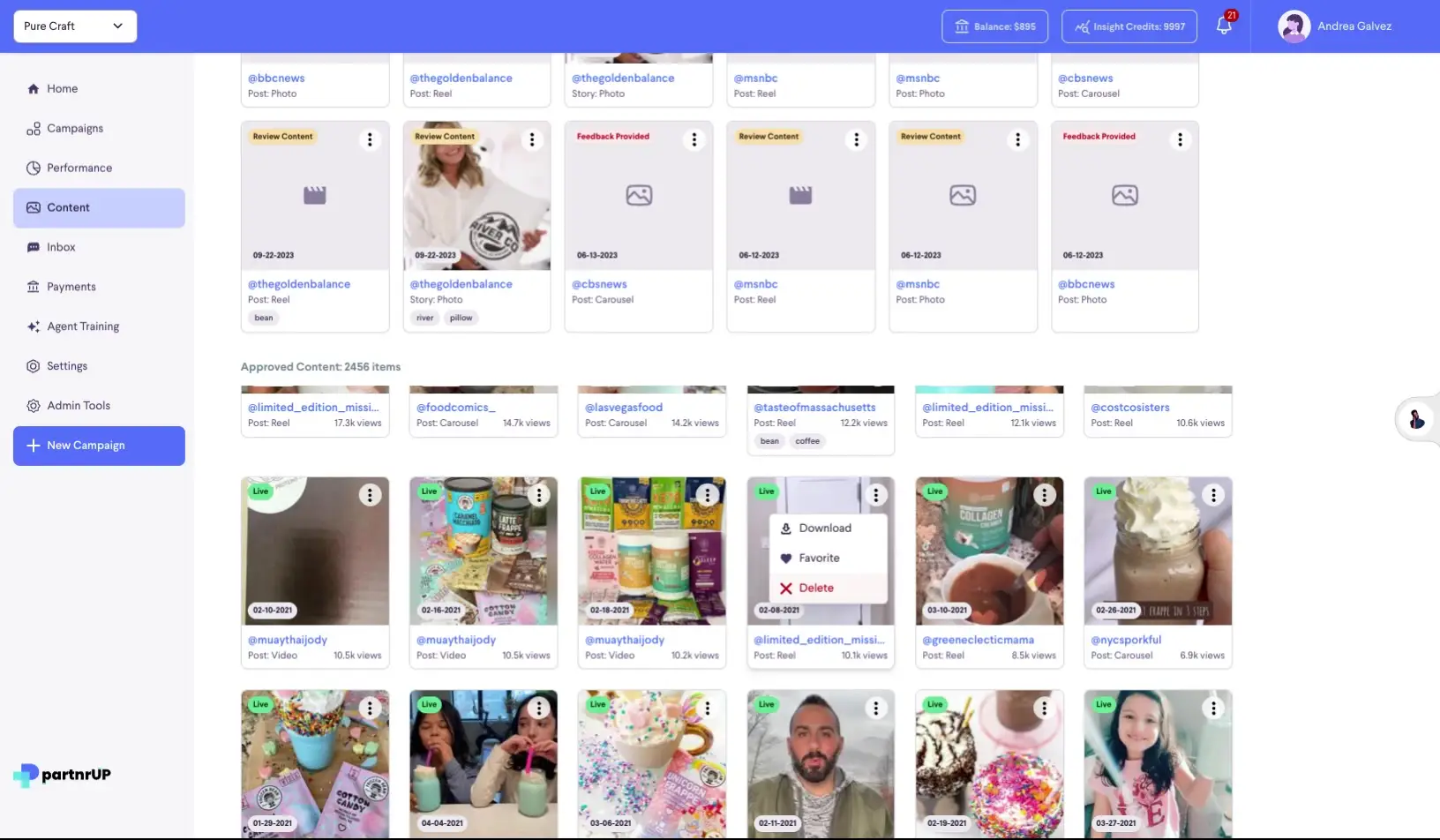The user is interacting with the content management section of the platform, specifically viewing a list of approved content posts and selecting the 'Delete' option from the context menu of a post.
