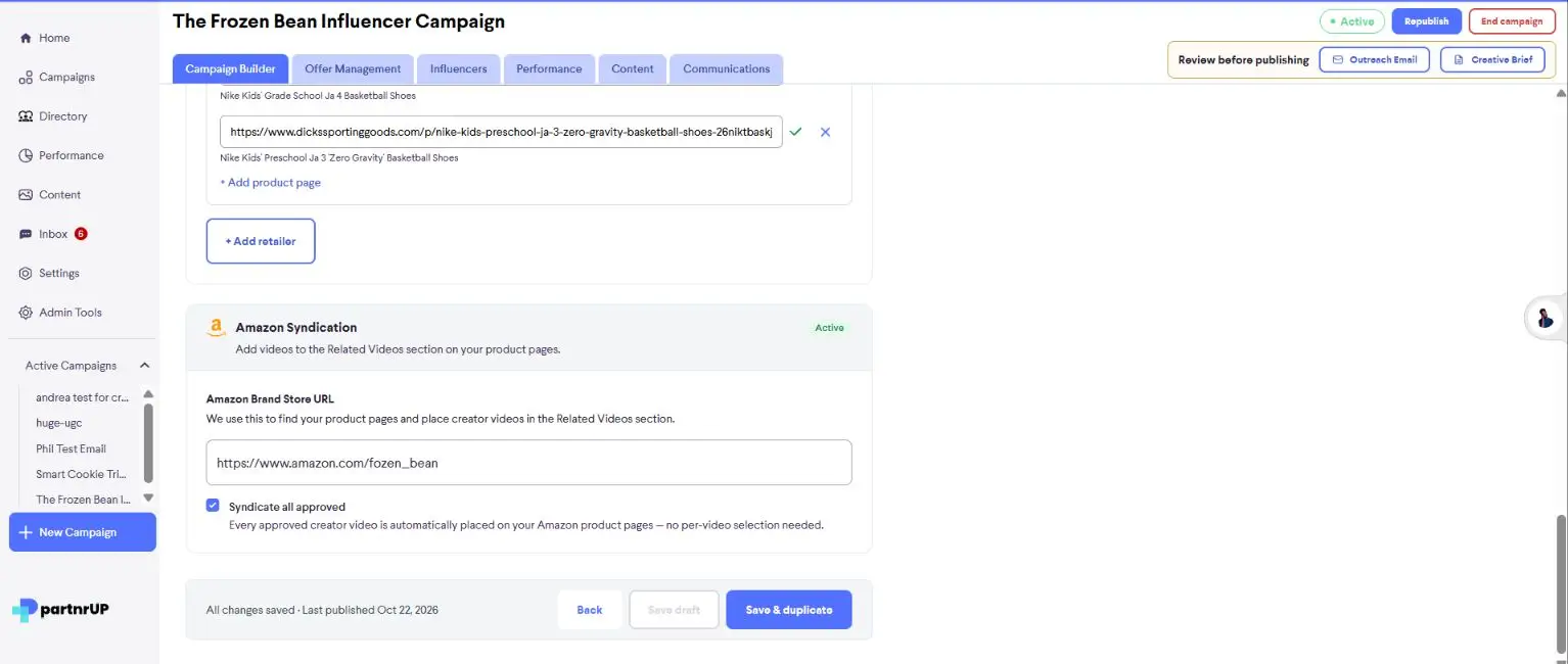 The screenshot shows the "Campaign Builder" tab for "The Frozen Bean Influencer Campaign." It displays product pages for Nike Kids' basketball shoes and an "Amazon Syndication" section where creator videos can be automatically added to product pages.