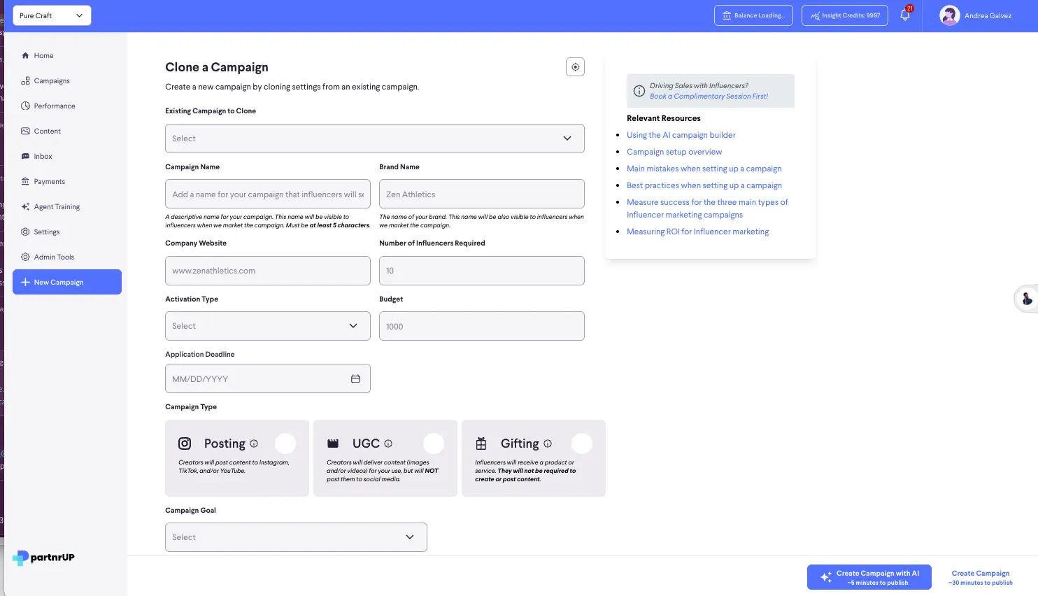 Clone a Campaign screen in partnrUP for Brands platform