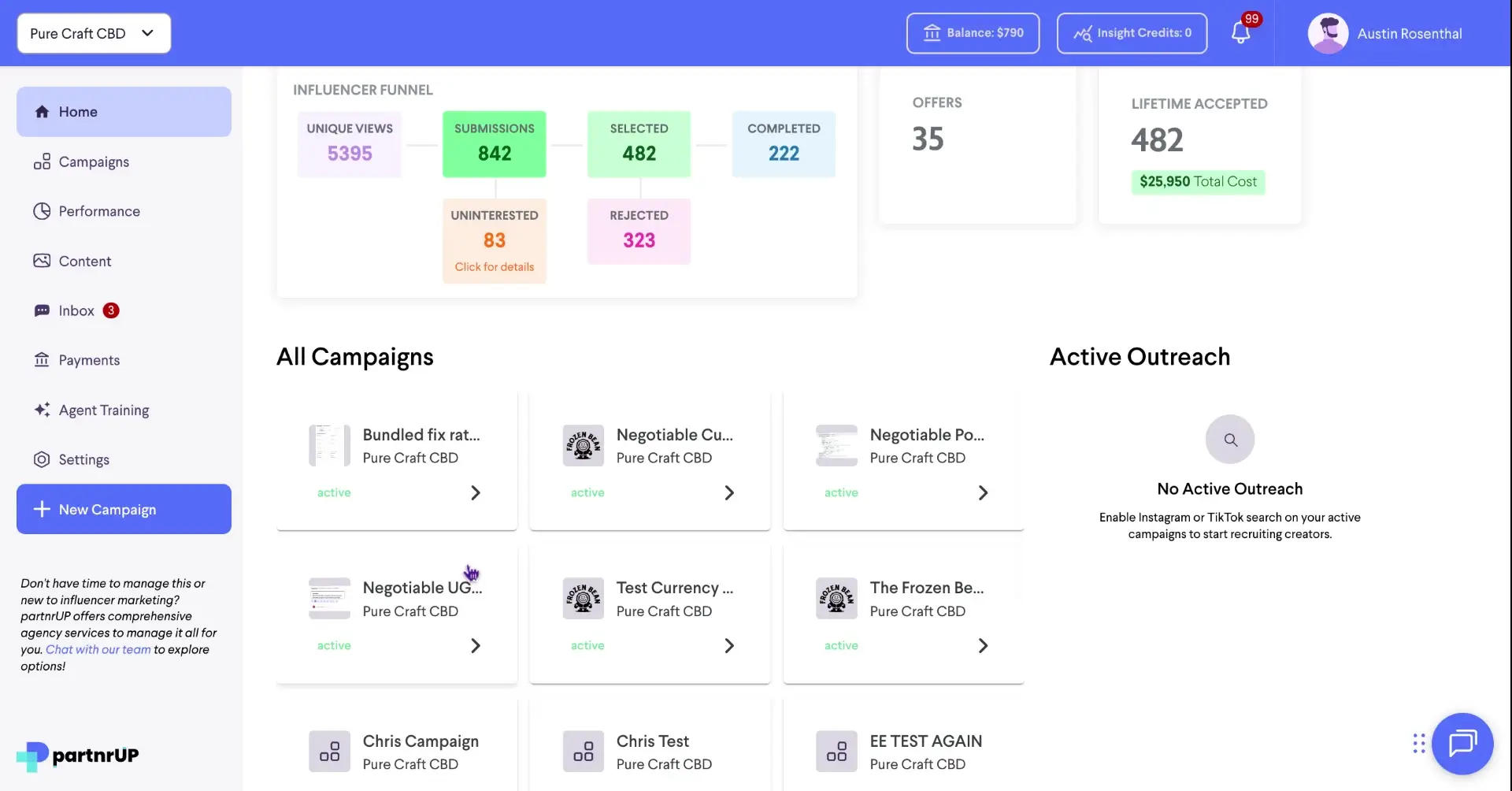 The screenshot displays the dashboard of the partnrUP platform, showing an overview of campaign performance, including unique views, submissions, and completed campaigns, along with a list of active campaigns.