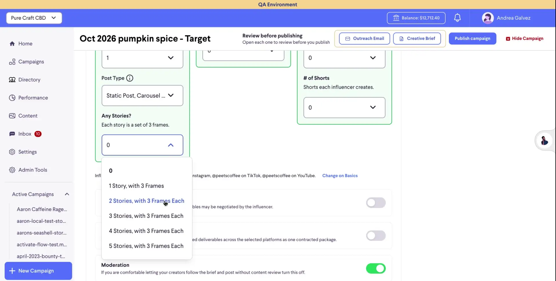 The user is configuring campaign details, specifically selecting the number of stories and frames per story for a campaign. They are presented with options to choose from 1 to 5 stories, each with 3 frames.