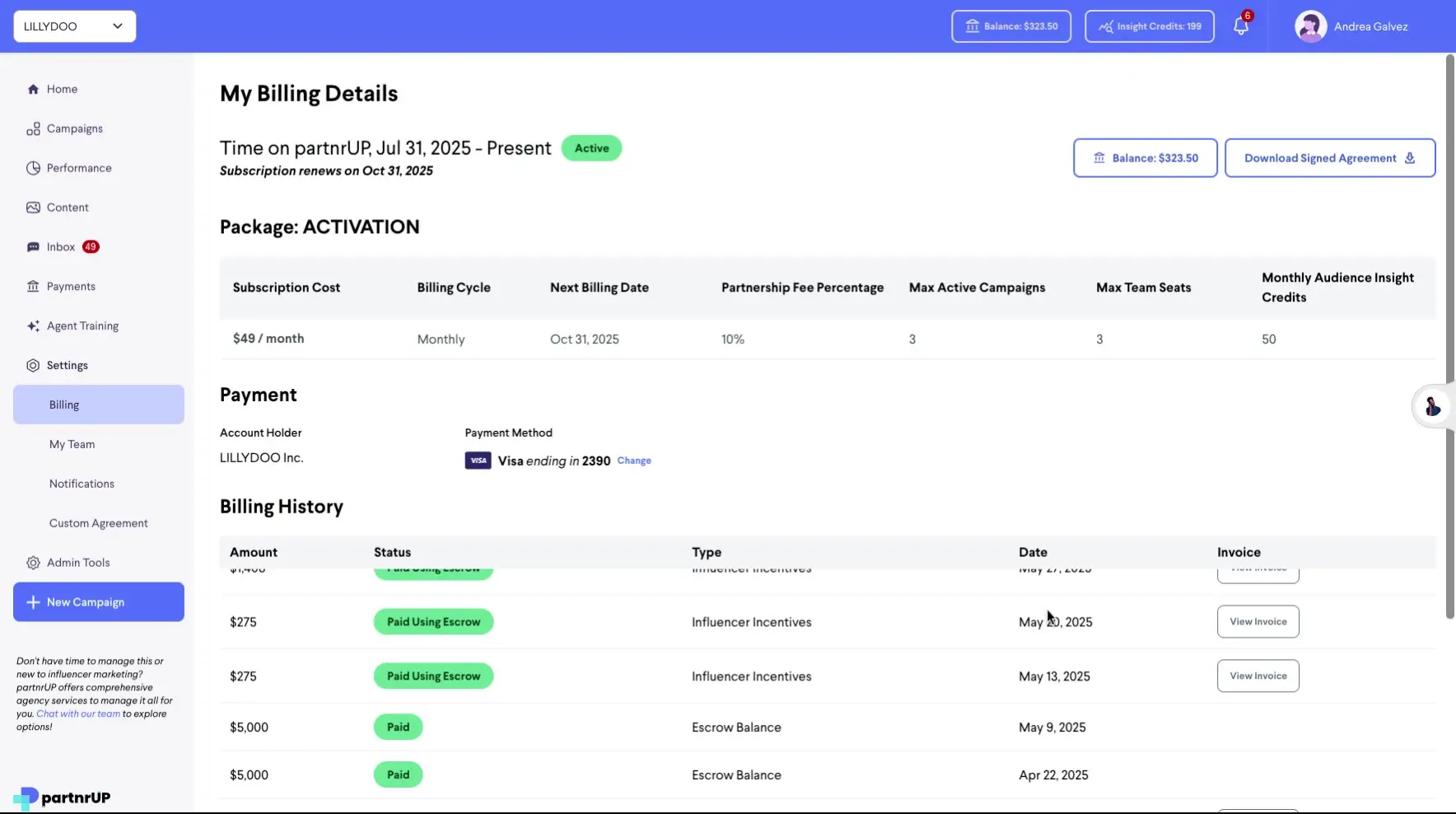 The screenshot displays the billing details for the user's partnrUP account, including subscription information, payment method, and billing history.