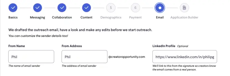 Email Recruitment Settings page in partnrUP for Brands showing email customization options for campaign outreach.