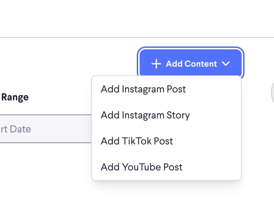 The screenshot shows the "Add Content" dropdown menu, allowing users to select the type of content to add, such as an Instagram Post, Instagram Story, TikTok Post, or YouTube Post. This feature is part of the campaign planning and execution tools within the partnrUP for Brands platform.