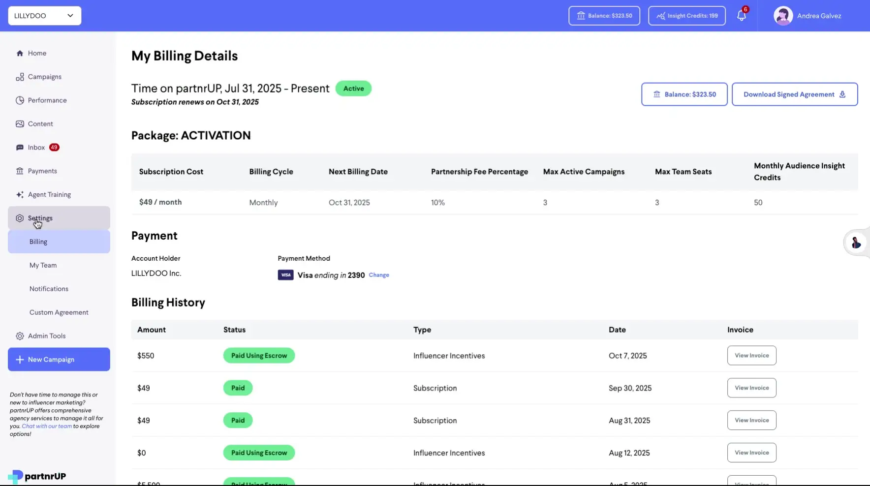 The screenshot displays the billing details for a partnrUP account, including subscription information, payment method, and billing history.
