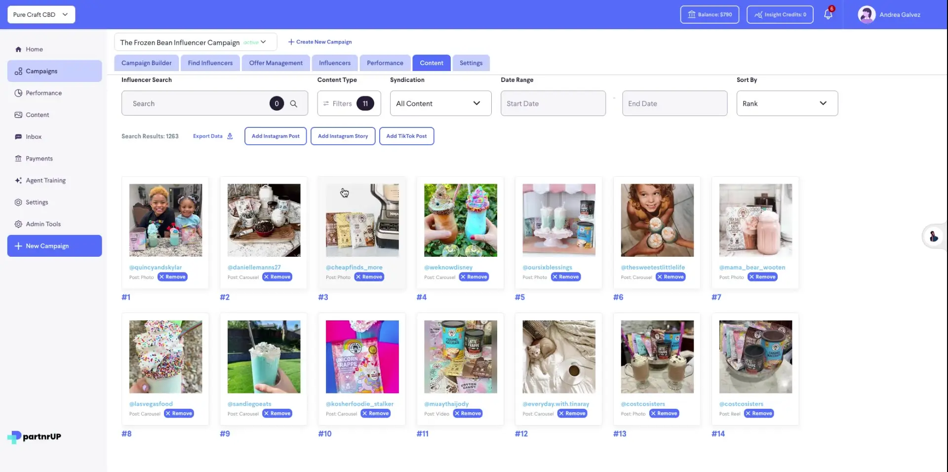 The screenshot displays the 'Content' section of the partnrUP platform, showcasing influencer content related to 'The Frozen Bean Influencer Campaign'. It includes a search bar, filters, and a display of influencer posts with options to export data and add posts.