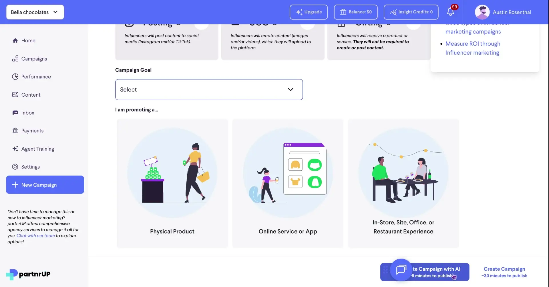 The screenshot displays the campaign creation process within the partnrUP platform, showcasing options for different campaign goals and types, including promoting physical products, online services or apps, and in-store experiences.