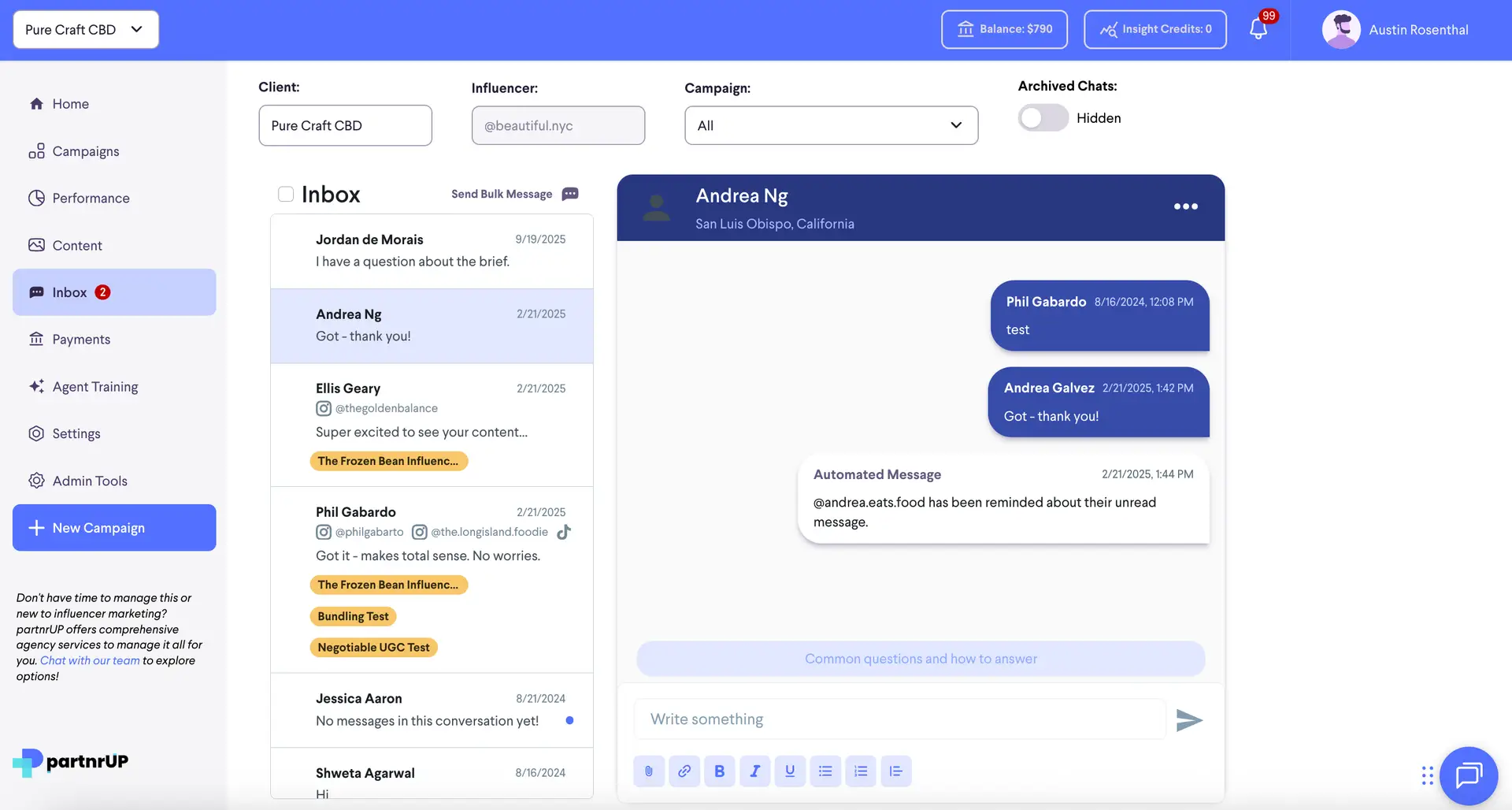 partnrUP for Brands Global Platform Navigation Inbox section with conversation details.