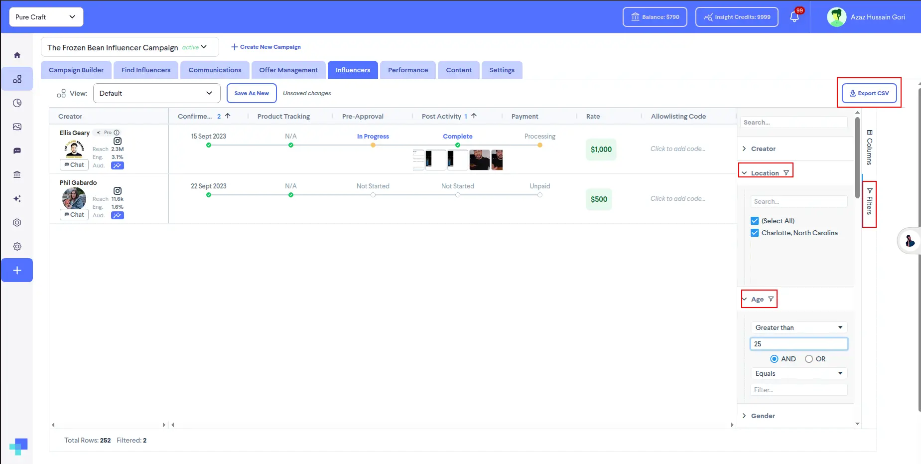 Influencers tab in The Frozen Bean Influencer Campaign on partnrUP for Brands platform with export and filter options.