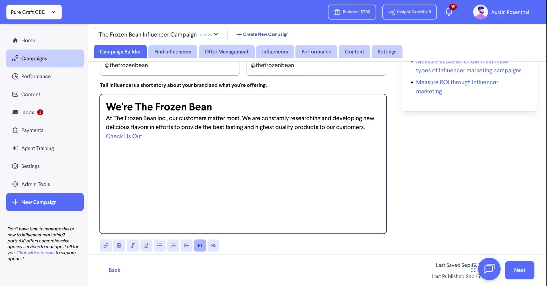 The screenshot shows the campaign builder page for "The Frozen Bean Influencer Campaign" where the user can edit the brand story.