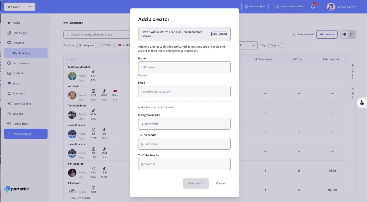 The screenshot shows the "Add a creator" modal within the partnrUP platform. Users can manually add a single creator by filling in their name, email, and at least one social media handle, or opt for a bulk upload. The platform automatically populates creator details once a handle is provided.