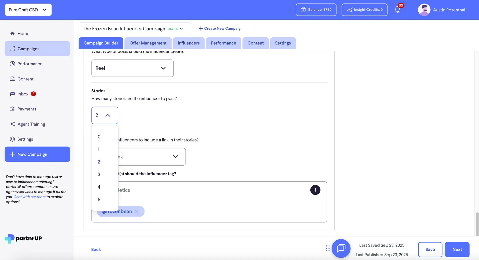 Campaign Builder - The Frozen Bean Influencer Campaign collaboration requirements section in partnrUP platform