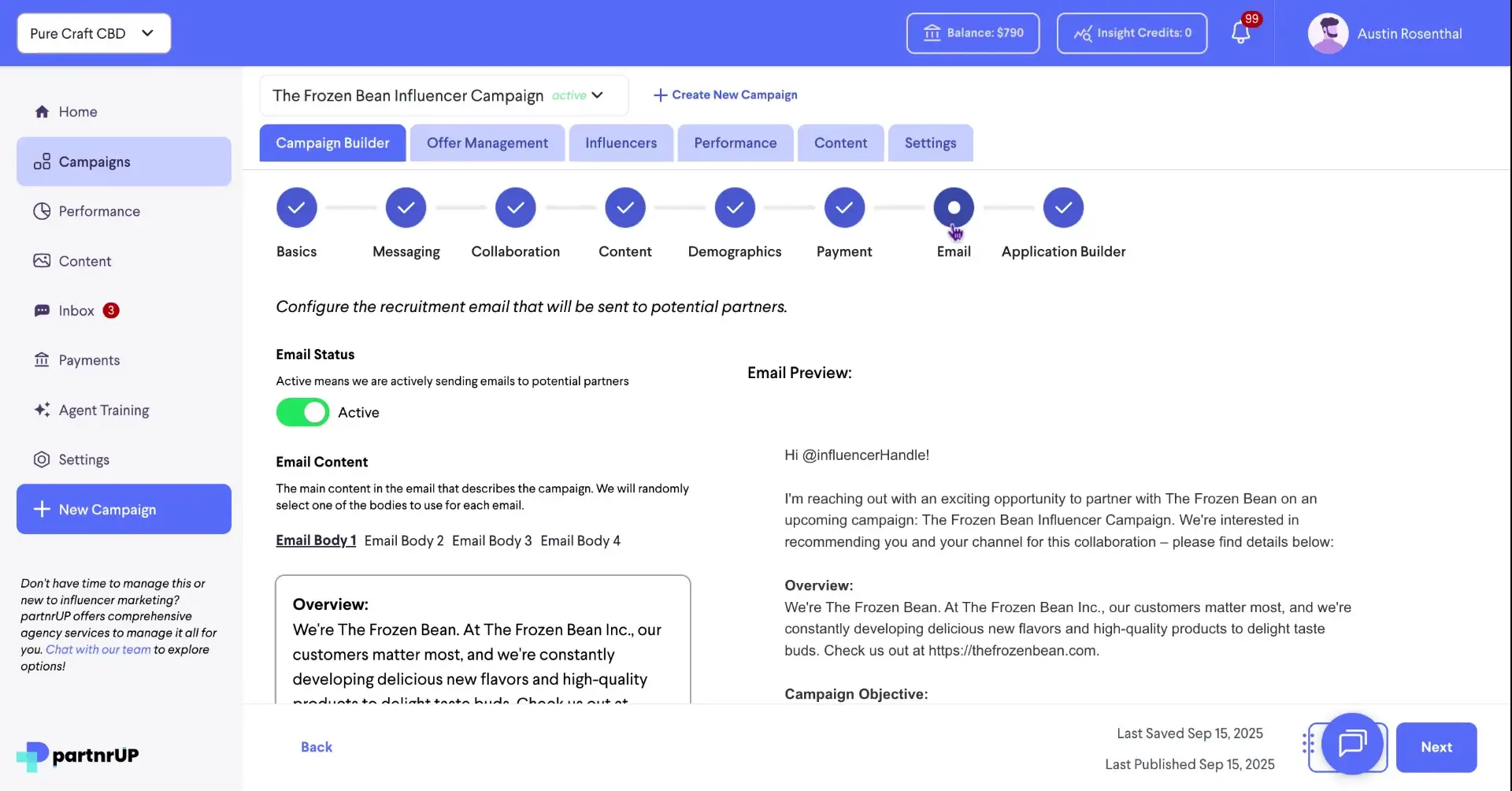 The screenshot shows the email configuration section within the campaign builder, where the user can customize the recruitment email sent to potential influencer partners. It includes options to set the email status, edit the email content, and preview the email.