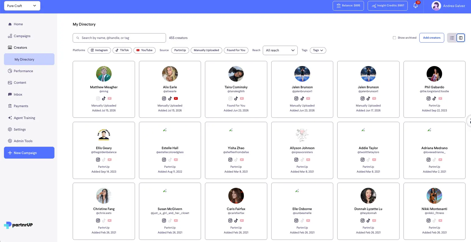 partnrUP for Brands - My Directory screen showing a list of creators with search and filter options.