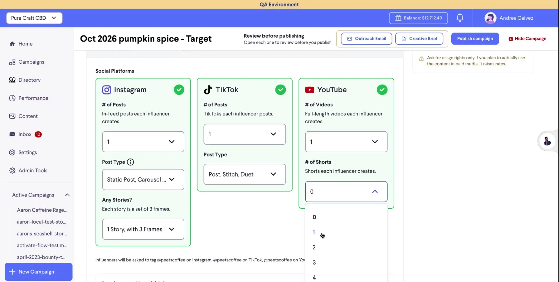 The user is configuring the content requirements for a campaign across Instagram, TikTok, and YouTube. They are specifying the number and type of posts, videos, and shorts each influencer should create for the 'Oct 2026 pumpkin spice - Target' campaign.