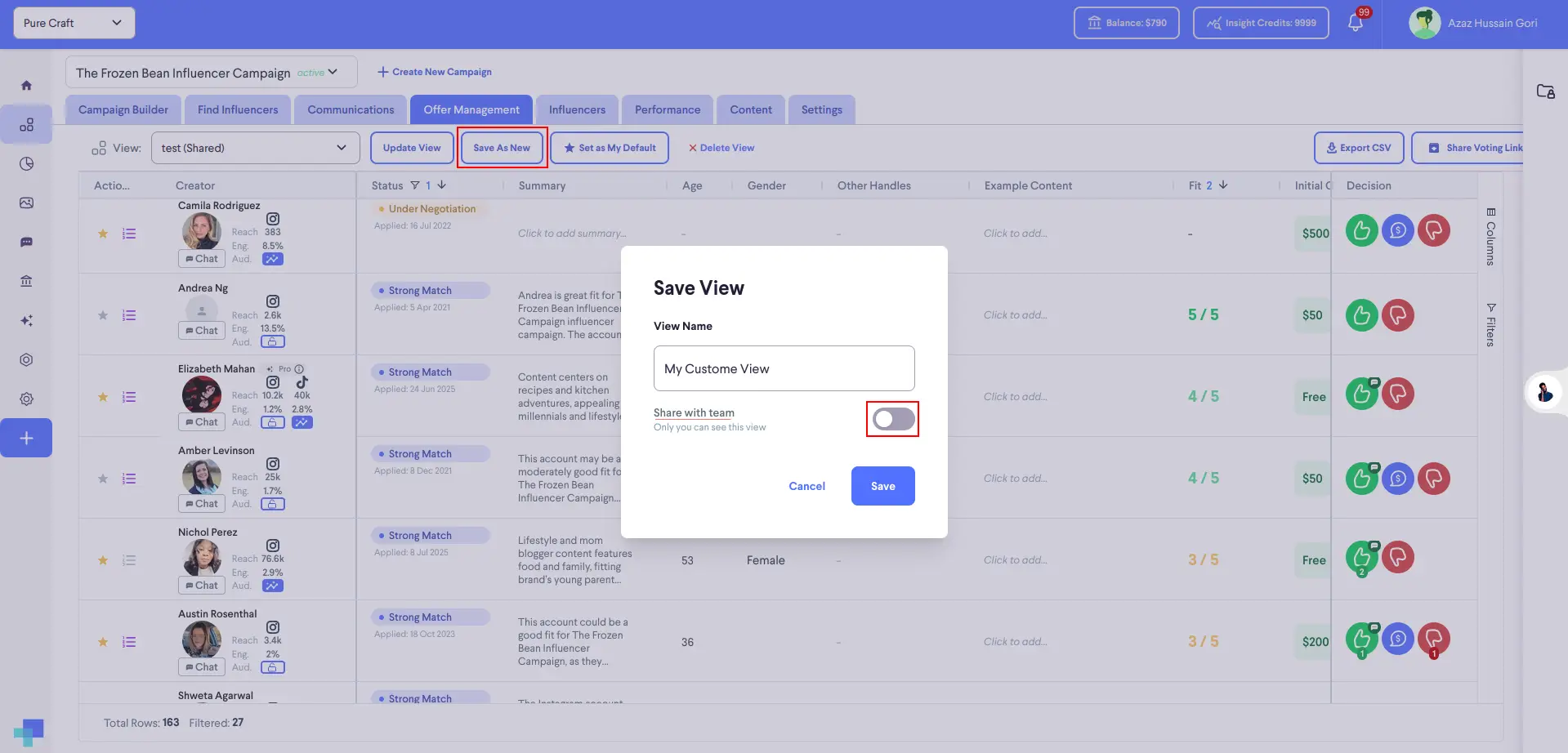 Offer Management section in partnrUP for Brands showing influencer list and Save View pop-up.