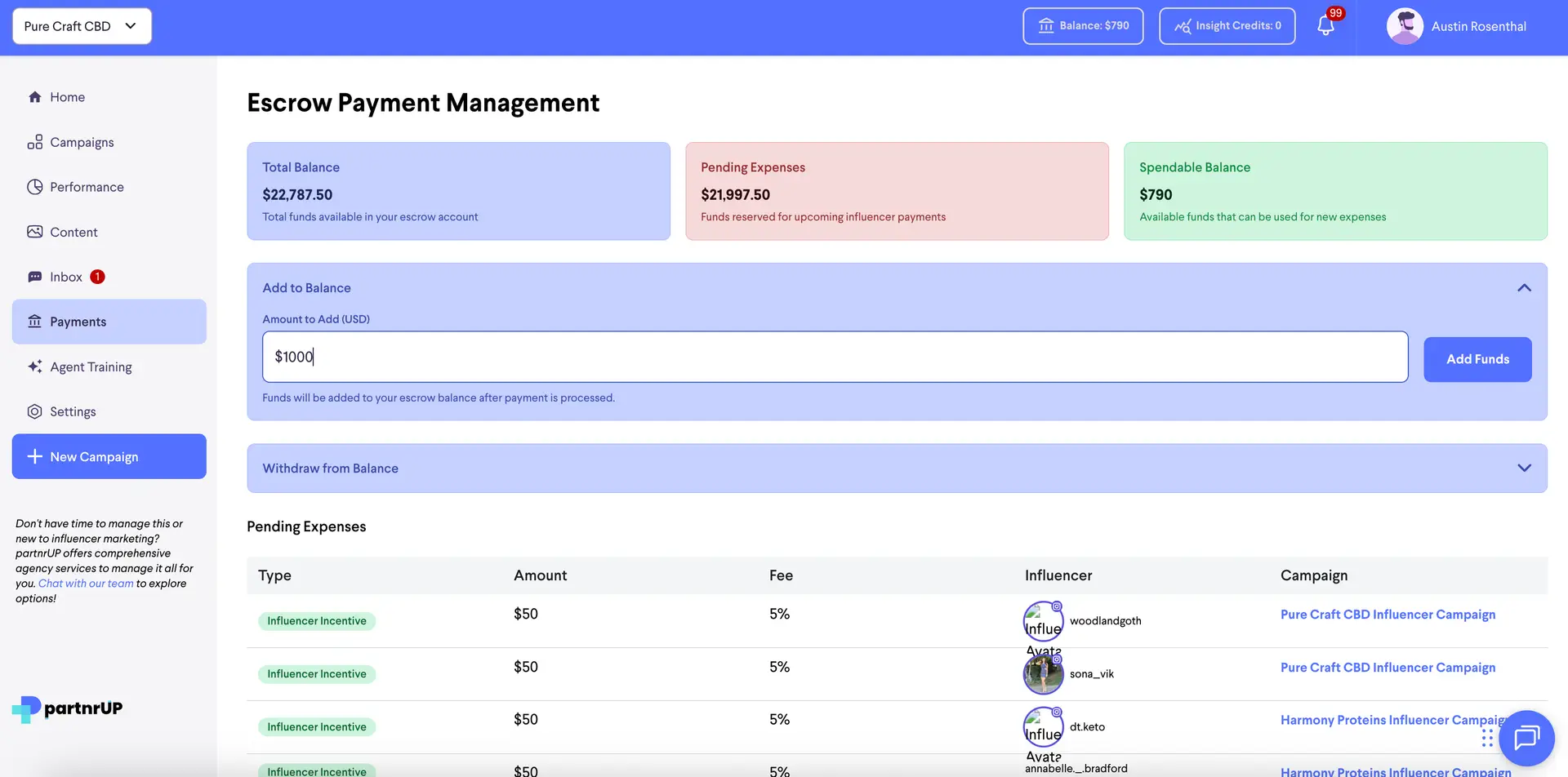 partnrUP for Brands - Escrow Payment Management page showing balance details and pending expenses for influencer payments.