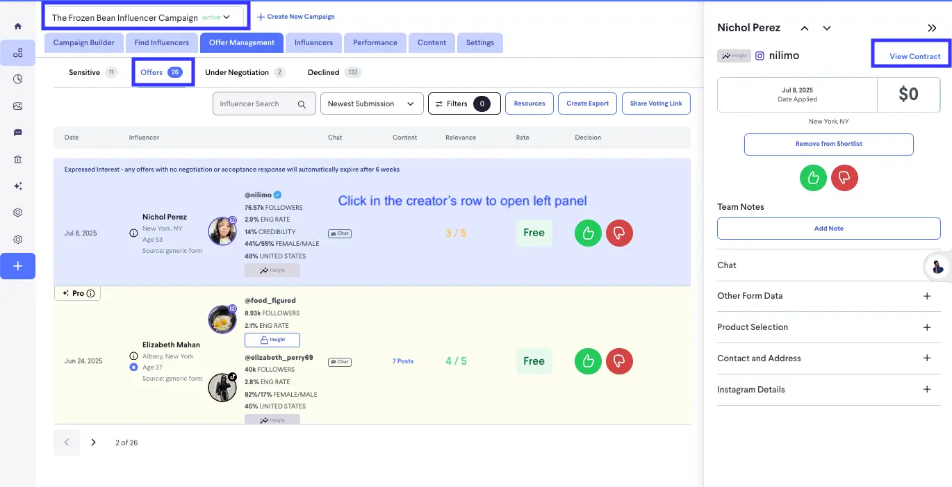 Offer Management section of the Frozen Bean Influencer Campaign showing influencer details and options for Nichol Perez.