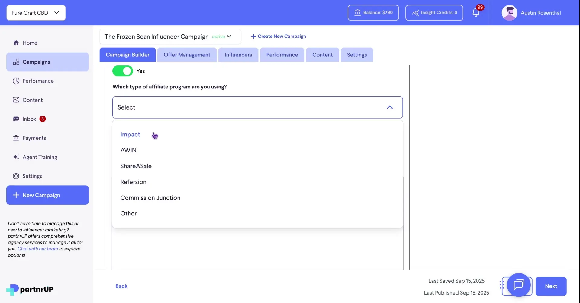 The user is in the Campaign Builder section of the partnrUP platform, specifically setting up an affiliate program for the "The Frozen Bean Influencer Campaign". The user is selecting the type of affiliate program to use.