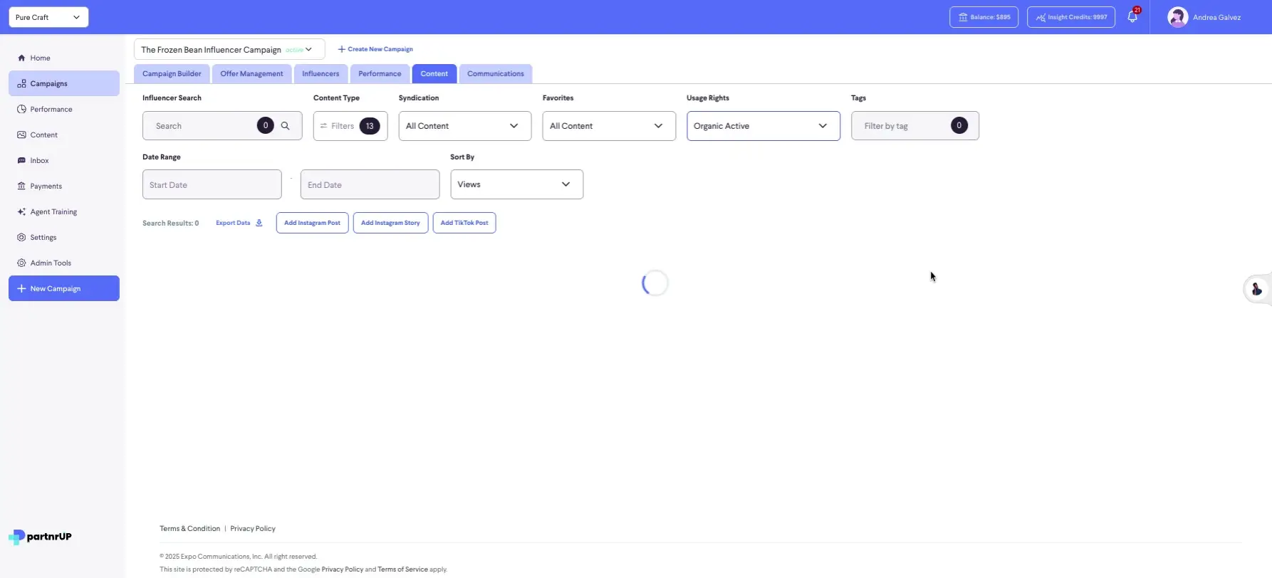 The user is on the "Content" tab within the "Campaigns" section, viewing content-related options such as content type, syndication, favorites, usage rights, and tags.