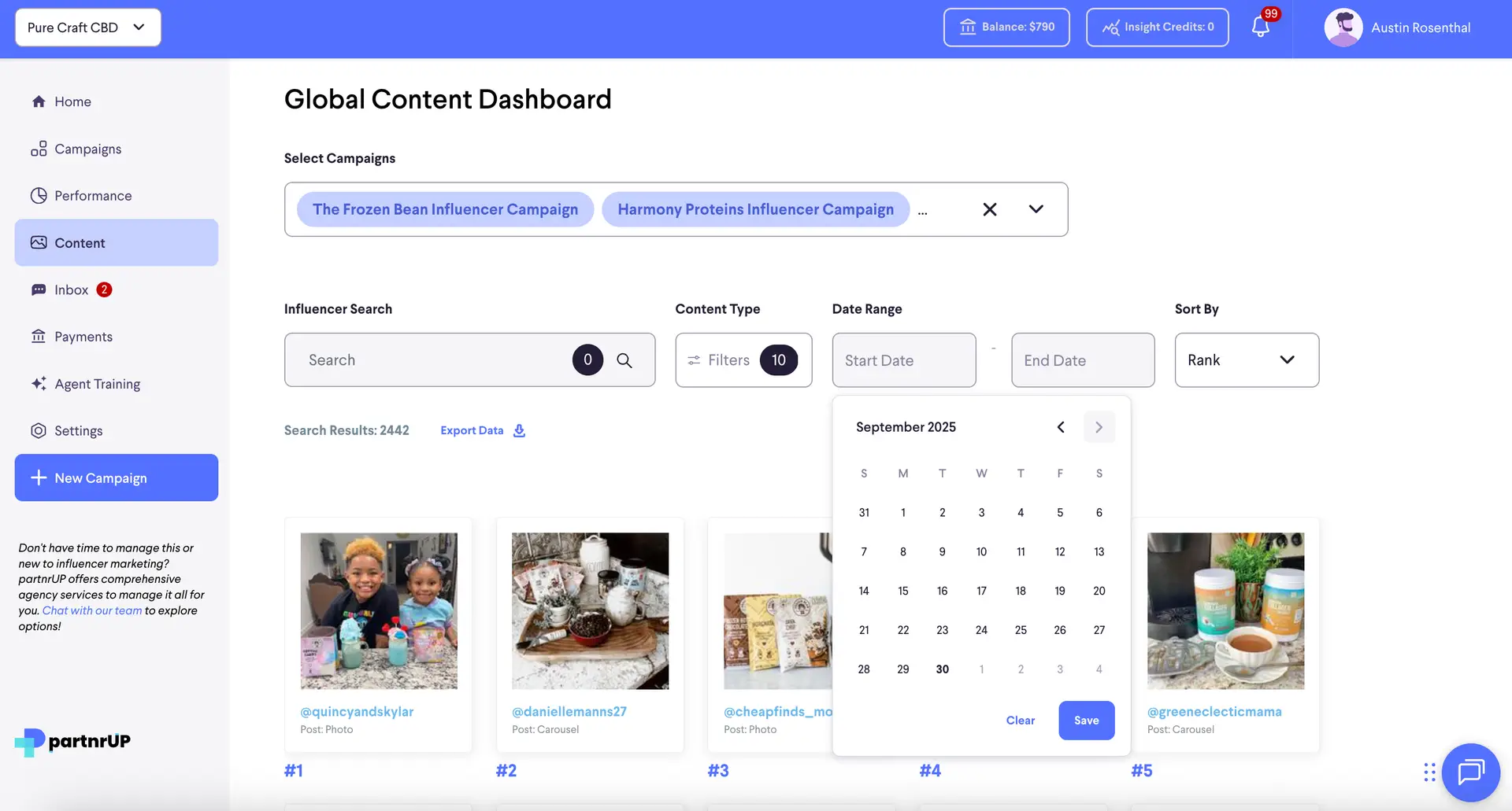 Global Content Dashboard in partnrUP for Brands showing campaign selection, influencer search, and content filtering options.