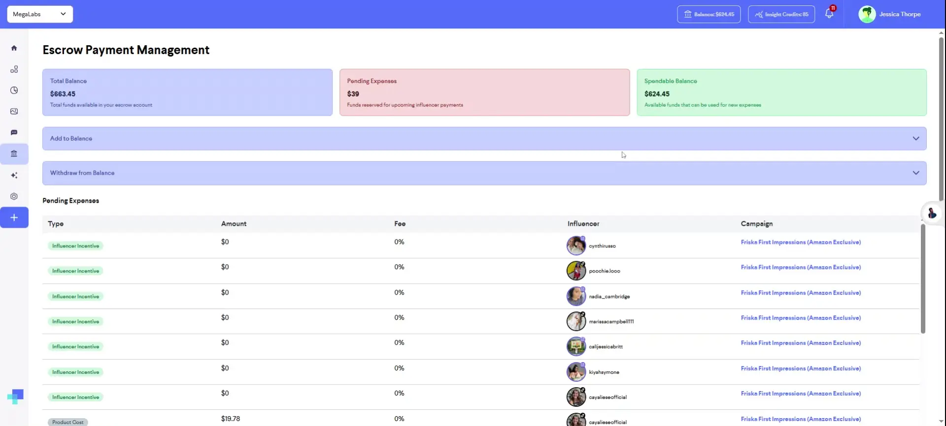 partnrUP for Brands - Escrow Payment Management screen showing financial summaries and pending expenses.