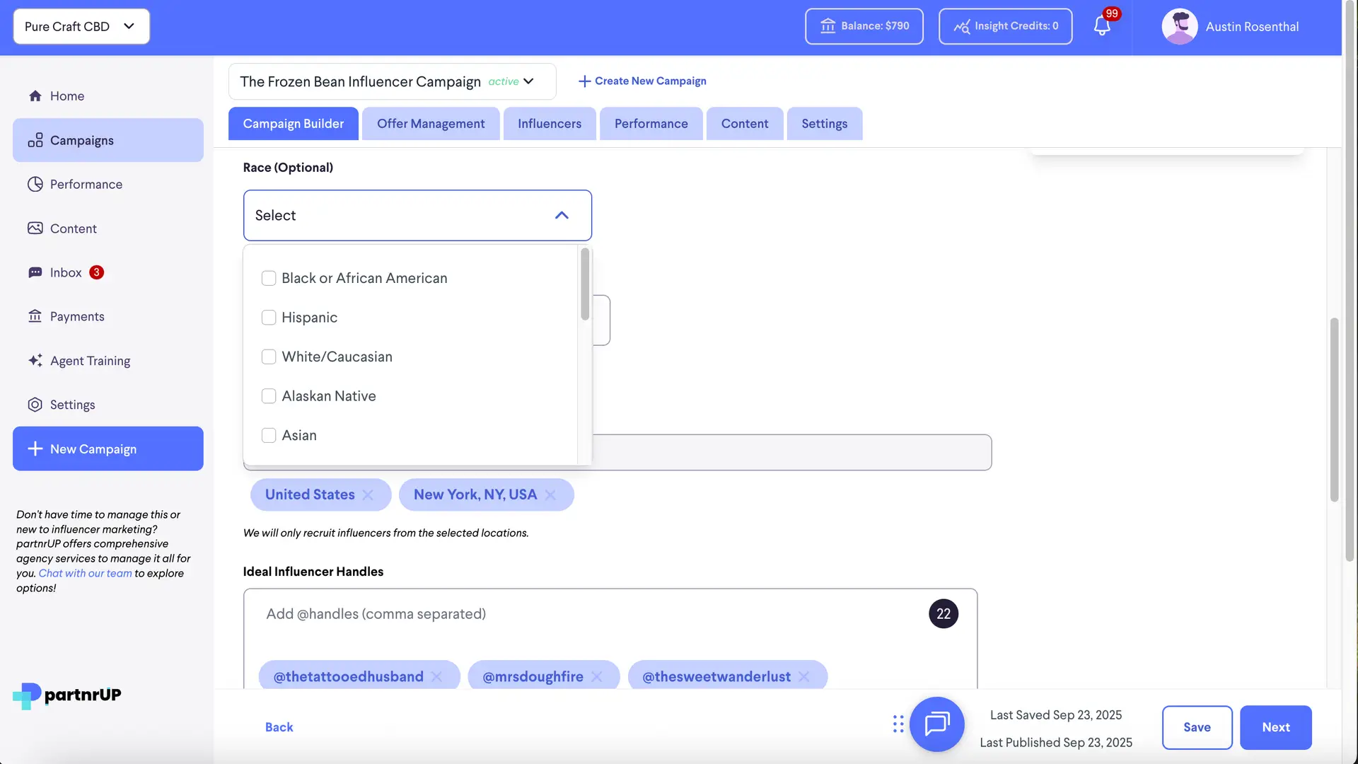 partnrUP Campaign Builder - Influencer Demographics for The Frozen Bean Influencer Campaign