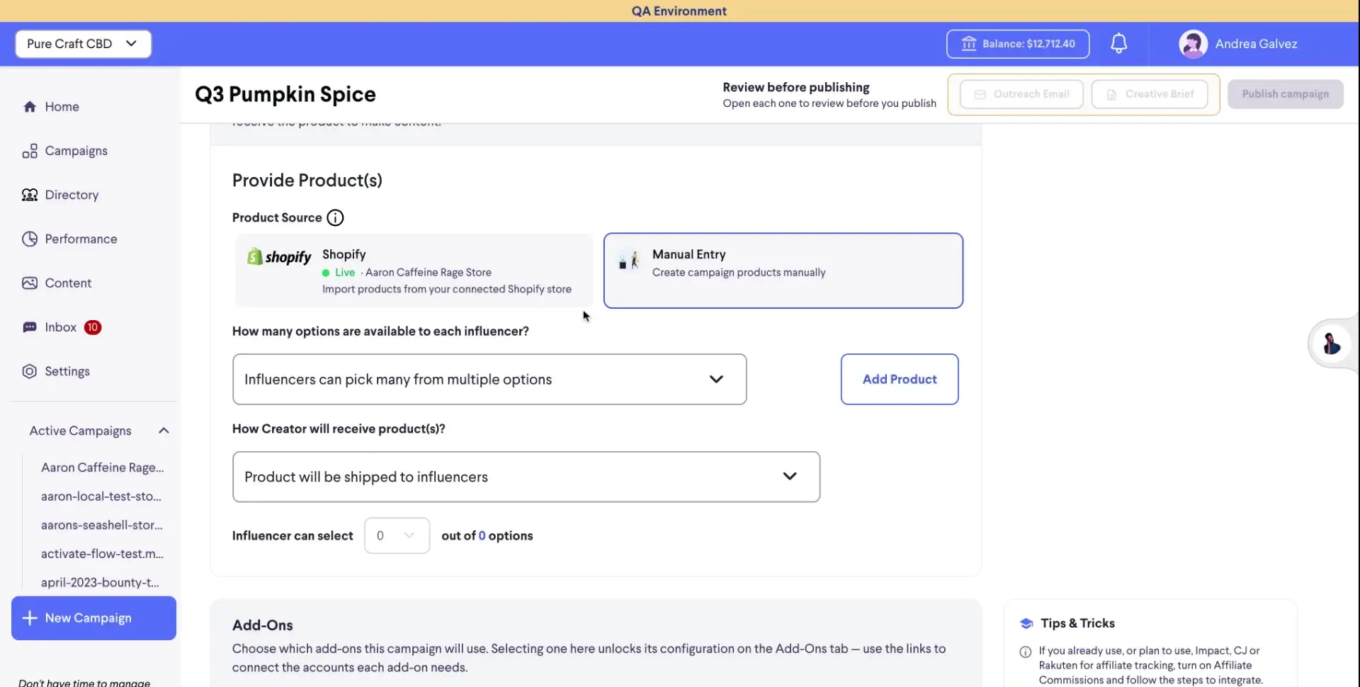 The user is configuring product details for the "Q3 Pumpkin Spice" campaign. They can choose to import products from a connected Shopify store or manually enter them. The interface also allows setting how many product options are available to influencers and how they will receive the products.