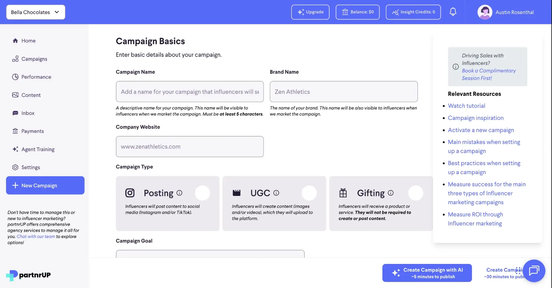 The screenshot shows the 'Campaign Basics' section of the partnrUP platform, where a user is setting up a new influencer marketing campaign by entering details such as campaign name, brand name, and website.