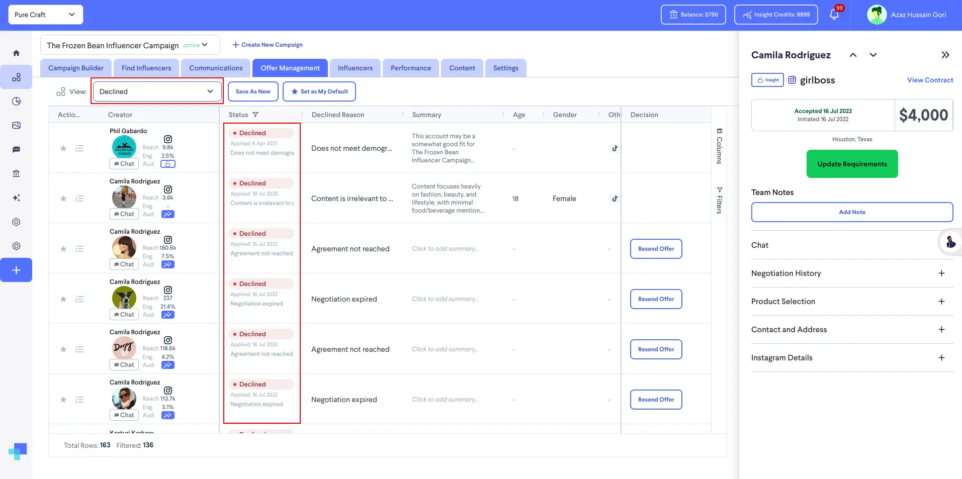 partnrUP for Brands - Offer Management - View Declined Influencers