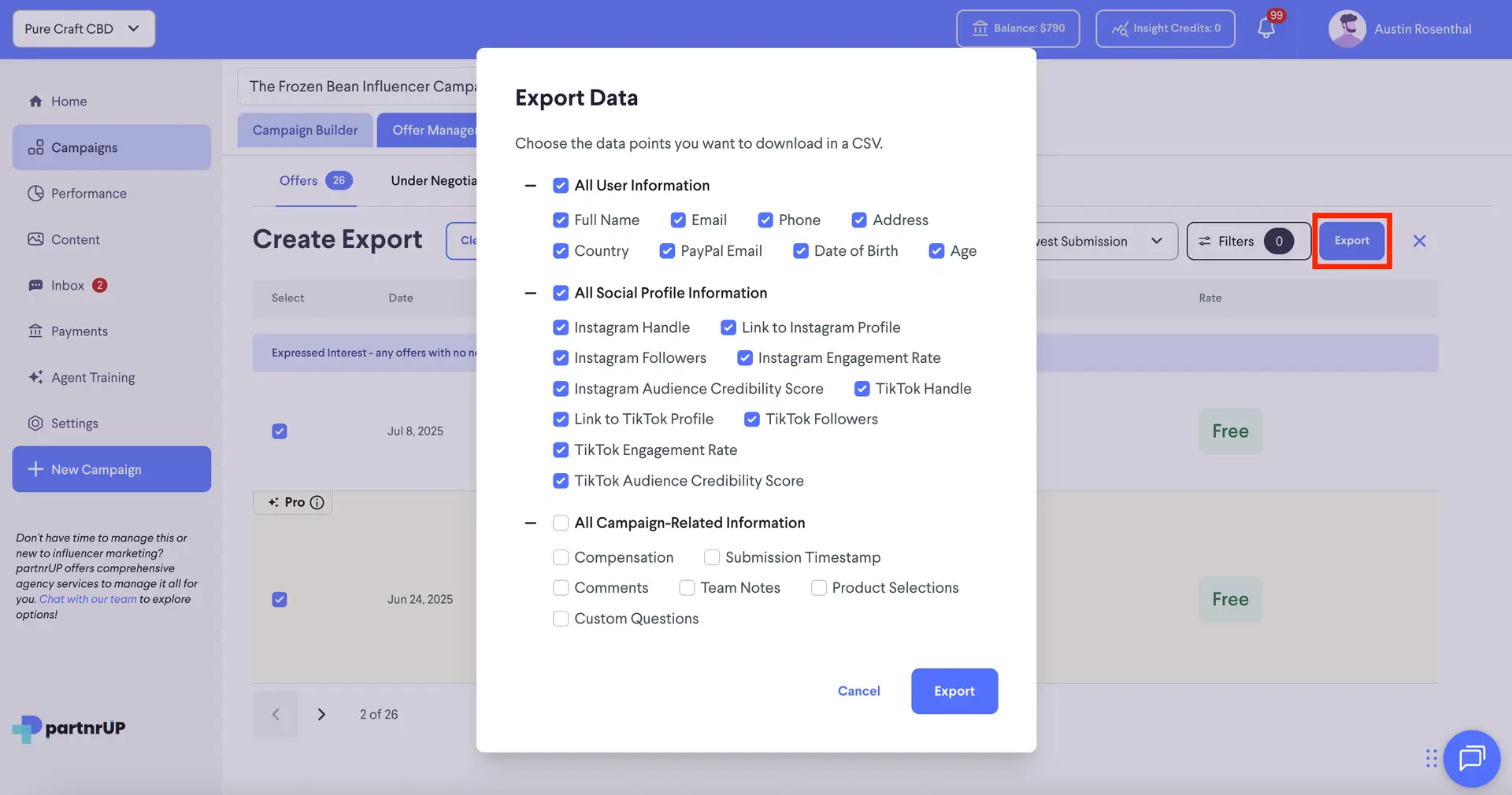 partnrUP Export Data dialog in The Frozen Bean Influencer Campaign Offer Manager