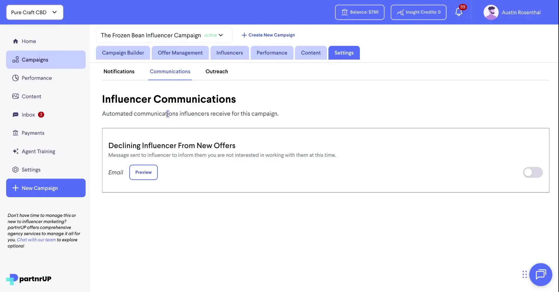 The screenshot shows the 'Influencer Communications' settings for a campaign, specifically the automated messages sent to influencers. It highlights the option to customize the message sent to influencers when declining new offers.