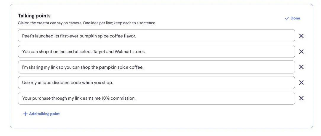 The screenshot shows a "Talking points" section within the partnrUP for Brands platform, where users can input key messages for creators to convey during marketing campaigns. It lists specific talking points about a new pumpkin spice coffee flavor, including where to buy it, a discount code, and affiliate commission details.