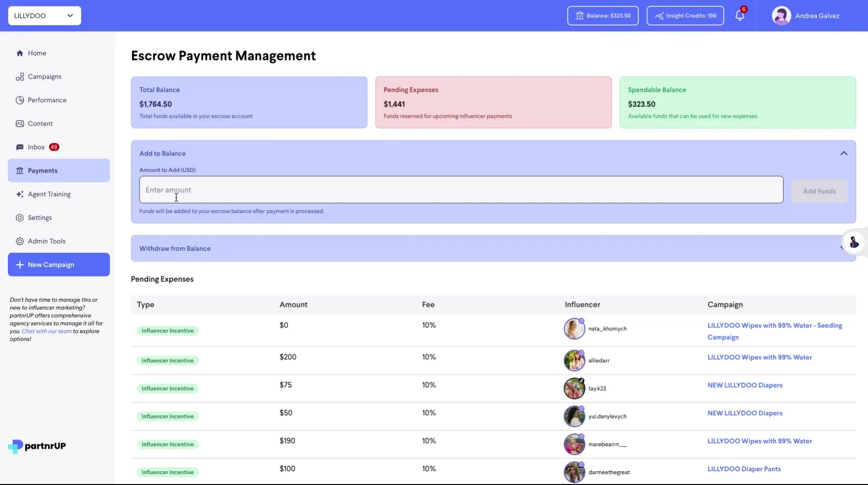The screenshot displays the Escrow Payment Management section of the partnrUP platform, showing the total balance, pending expenses, spendable balance, and a form to add funds. It also lists pending expenses with details like type, amount, fee, influencer, and campaign.