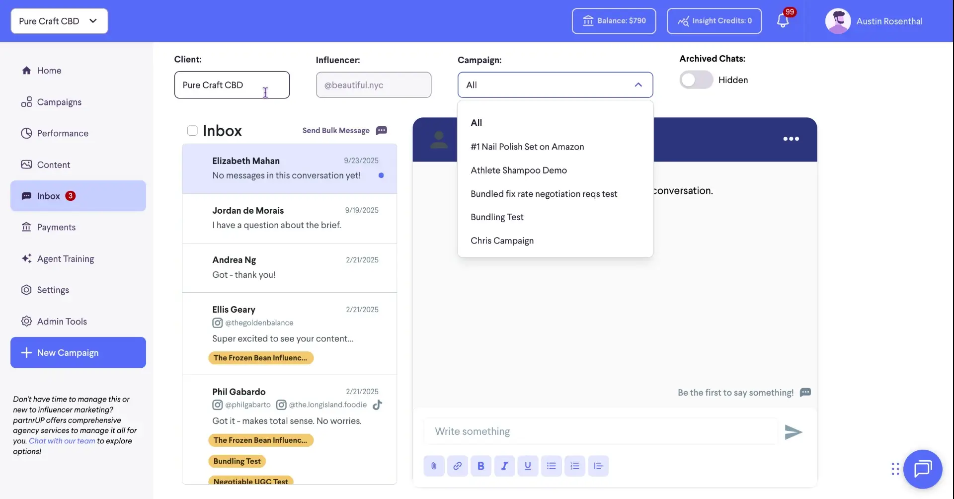 The screenshot displays the global inbox view, showcasing all creator communications. The user can filter the view by campaign.