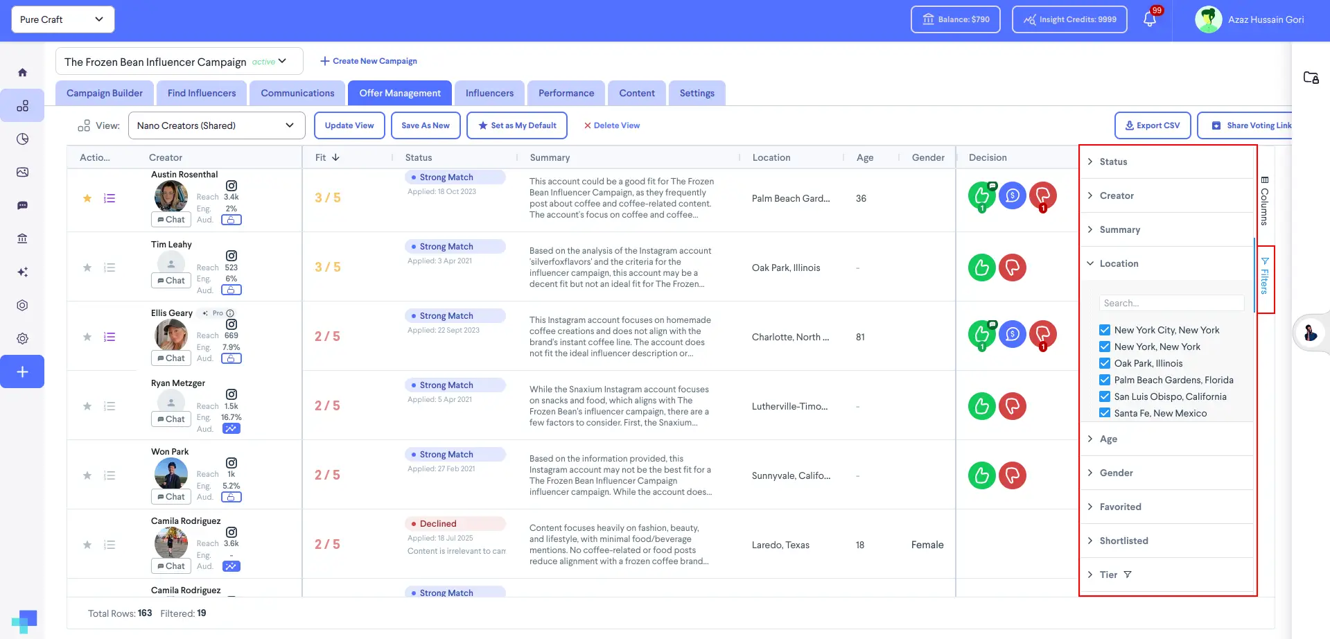 Offer Management section of The Frozen Bean Influencer Campaign in partnrUP for Brands platform.