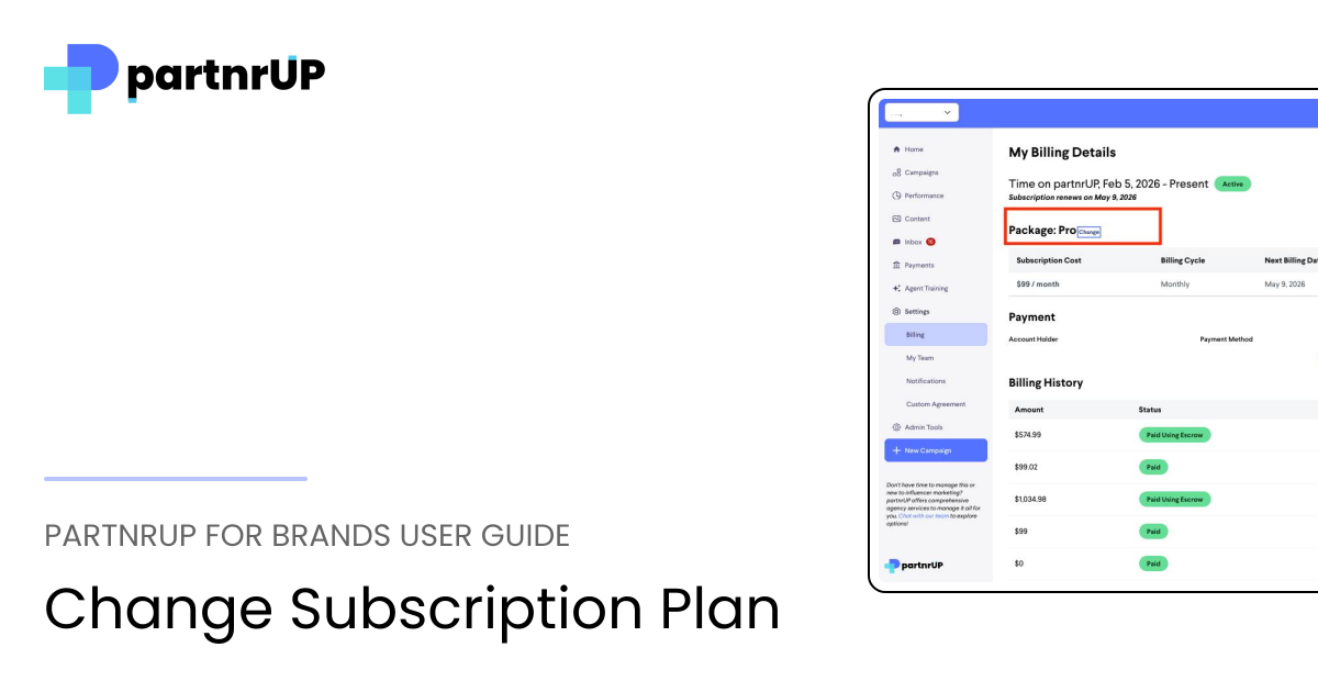 Change Subscription Plan | partnrUP for Brands User Guide